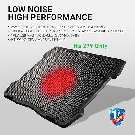 Ant Esports NC130 Ultra Slim and Sturdy Portable Laptop Cooling Pad with 1 * 1 125mm Quiet Red LED, Anti Skid Height Adjustable Stand, 1 USB Ports Supports 10 to 15.6 Inch Laptop