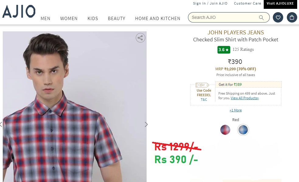 John Player Shirt At just Rs 390 (Worth Rs1299, 70% Discount)