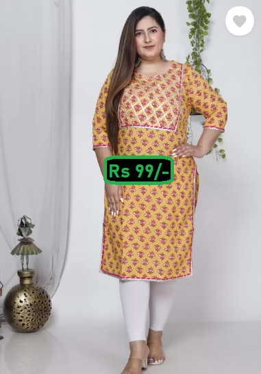 Women Block Print Cotton Straight Kurta Starting From Rs 99 (93% Discount)