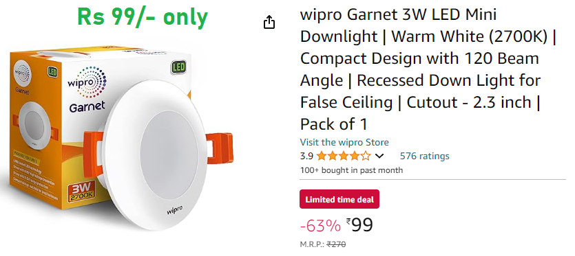 Wipro LED Downlight Rs 99 ONLY (Worth Rs270, 63% Discount)