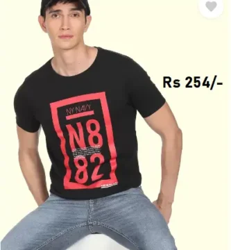 FLYING MACHINE Men Printed Round Neck Cotton Blend Black T-Shirt now for rs 254